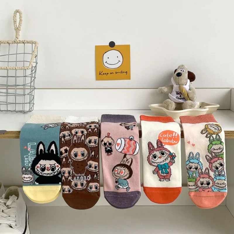 

5 Pairs Adult Labubu Socks Cartoon New Anime Kawaii Cotton Socks Men And Women Spring Autumn And Winter Short Sock Gifts
