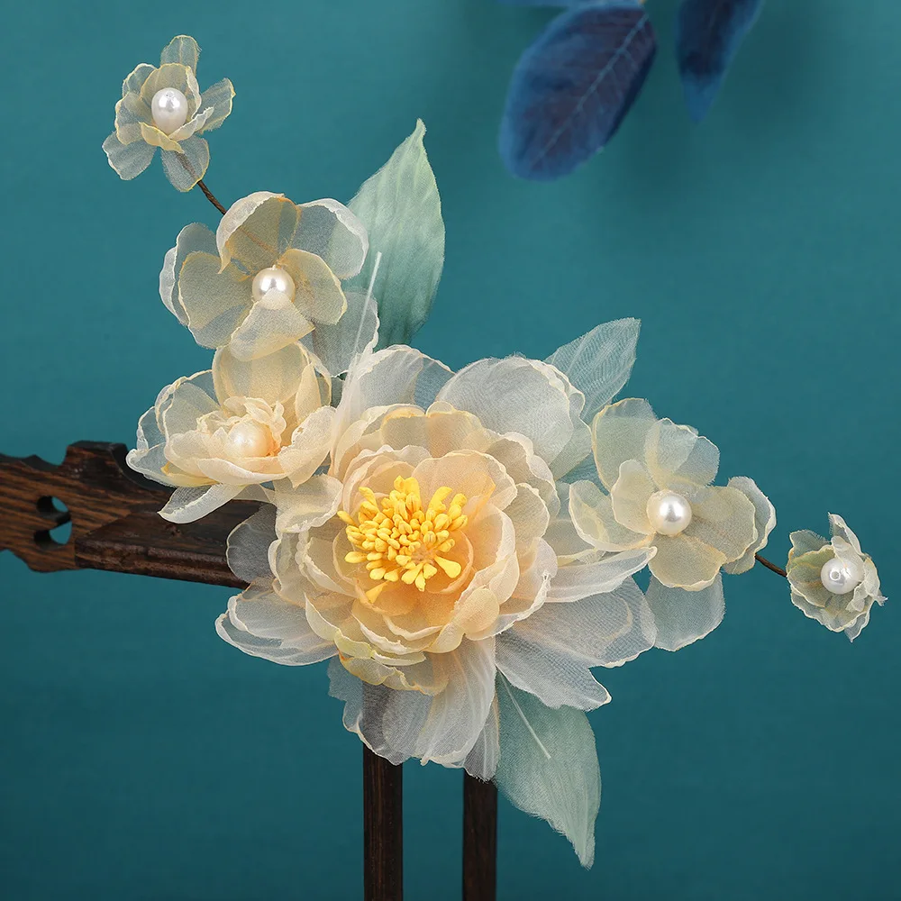 Handmade Chinese Style Warm Tone Peony Burned Flower Hair Clip Faux Pearl Decor Hanfu Hair Accessories For Women Cosplay Wedding