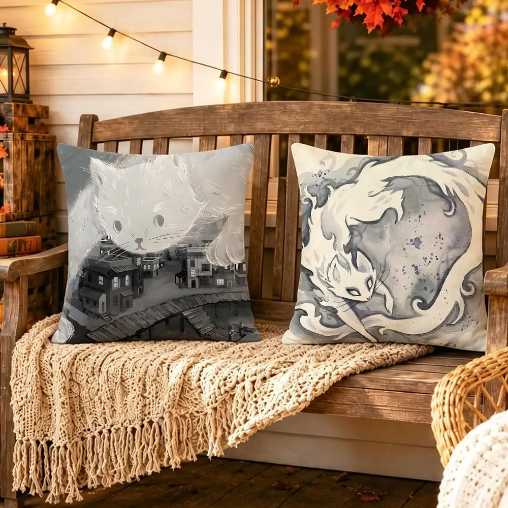 Creature Mist Ghost Cat Cushion Cover Pillow Short Plush Scary Creepy Cushion for Living Room Sofa Halloween Holiday Gift