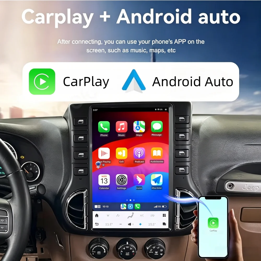 12.1 Inch Car Radio Stereo for Jeep Wrangler JK 2011-2017 Vertical Touchscreen Android 14 8G+128G Multimedia Player Head Unit with CarPlay Android Auto