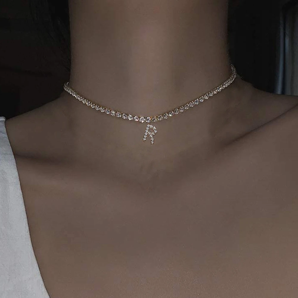 MinaMaMa Stainless Steel Crystal Choker Letter Initial Alphabet Pendant Necklaces For Women Rhinestone Name Necklaces Jewelry