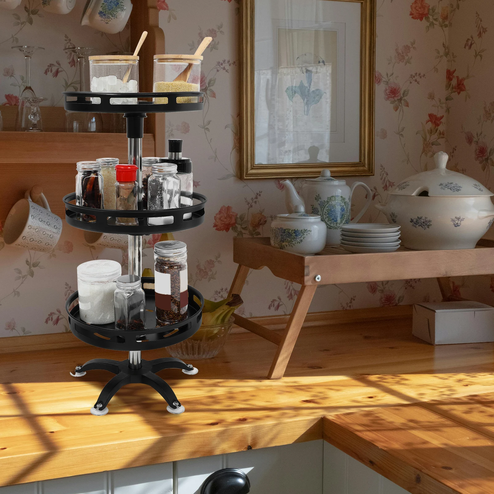 

1 Set Rotating Kitchen Spice Rack Circular Turntable Base Condiment Storage Tray Smooth Rotation Multi Tier Seasoning Holder