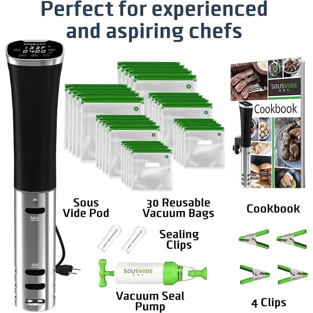 ART Sous Vide Immersion Cooker Kit - Machine with Digital Timer, Temp Control, 30 Bags, Vacuum Pump, Suvee Cooker Gift for Chefs