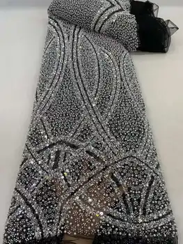 Tecido de renda com miçangas africanas para o noivo, material de alta qualidade, lantejoulas nigerianas francesas, casamento, luxo, 5 jardas, 2024