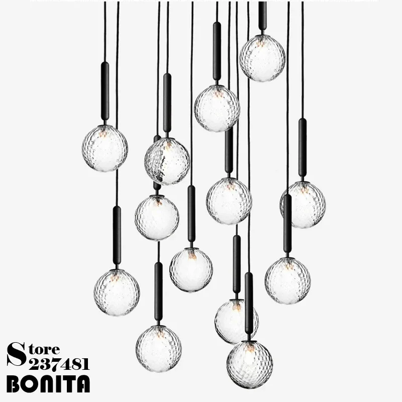 

Transparent Water Ripple Glass Ball Pendant Lamp Nordic Bedside Dining Room Deco Milk White Sphere Gold Long Pole Chandeliers