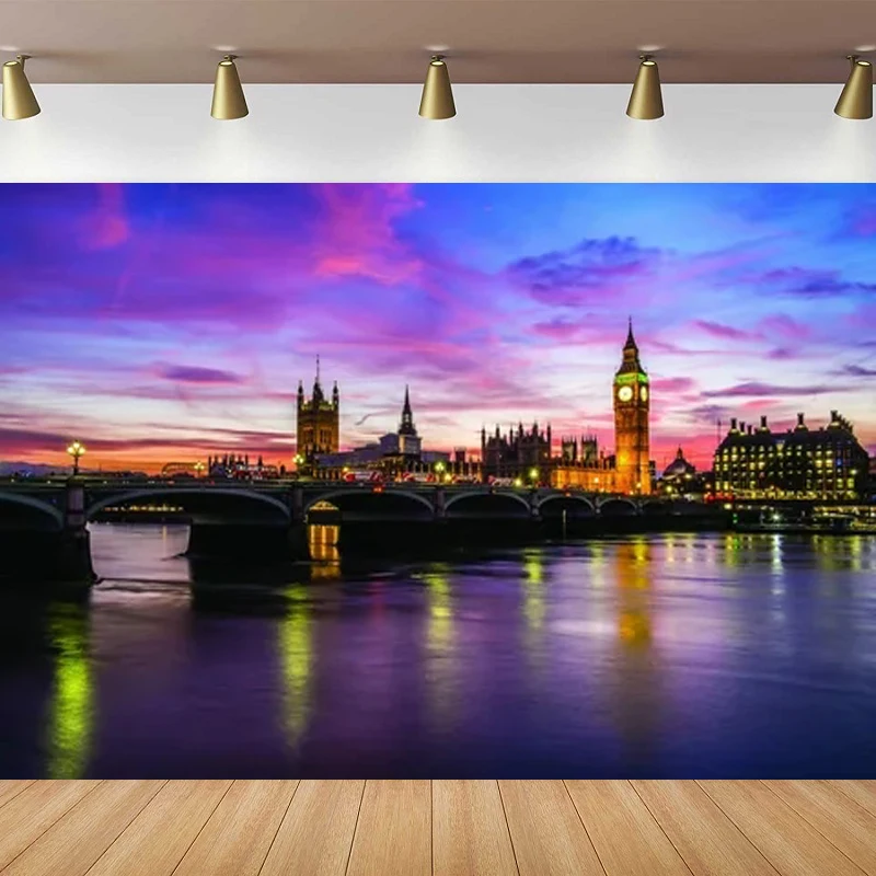 

Photography Backdrop London Bridge Big Ben Modern City Night View Clock Tower Lights River England Travel Landmark Background