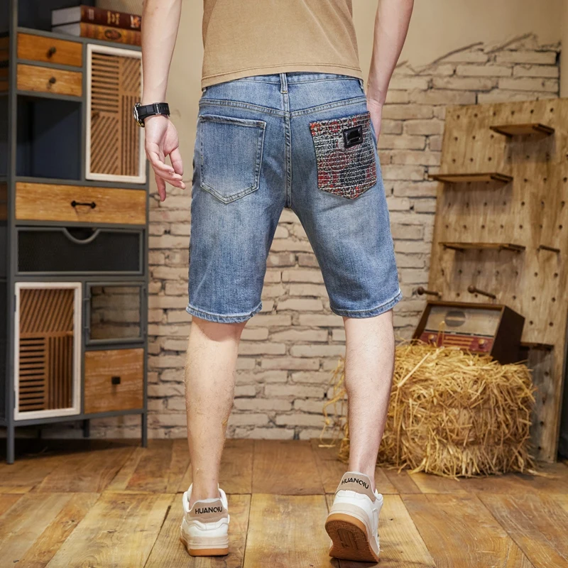 Shorts jeans high-end para homens, calças retas estendidas de verão, bordadas personalizadas, calças casuais coreanas para homens