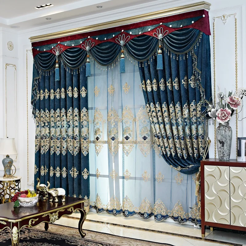 Custom American fashion hollowed out embroidery upscale atmosphere blue cloth blackout curtain tulle valance drape C1191