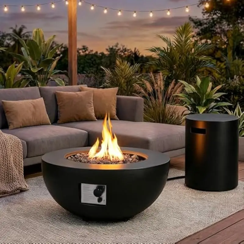 2-Piece Modern Round Propane Fire Table Set with Integrated Tank Concealment Lid, 31.5-Inch Diameter Eco-Composite Bowl, 50000 B