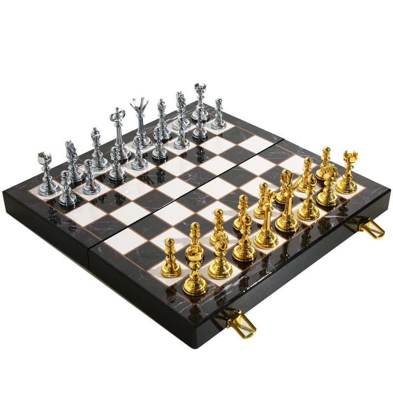 High-end chess set, large metal gold and silver chess pieces, folding chessboard, personalized model room ornament