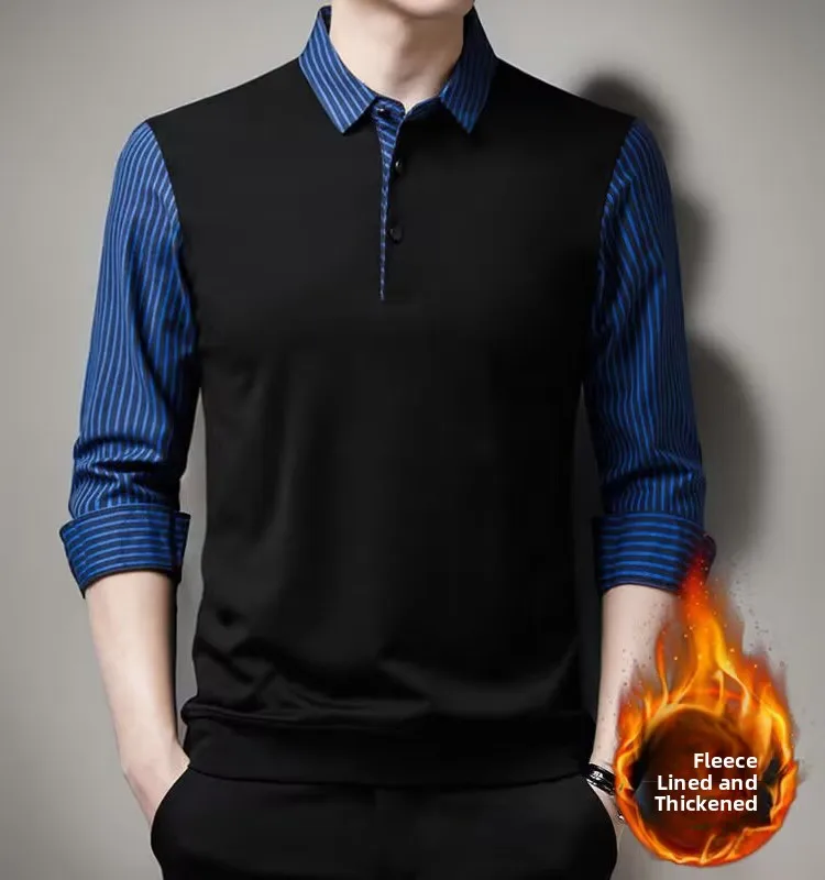 Men's Fleece Lined Knitted Stripe Shirt Fake Two-Piece  Sweater Business Casual Warm Base Layer Top for Autumn Winter