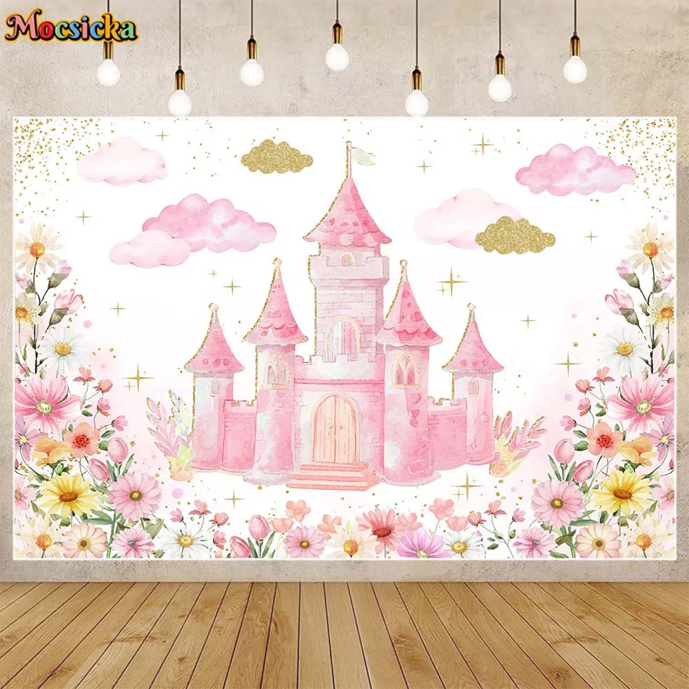 

Mocsicka Girl Birthday Backdrop Pink Cartoon Castle Fresh Flower Baby Birthday Party Decor Photo Background Kid's Room Wallpaper