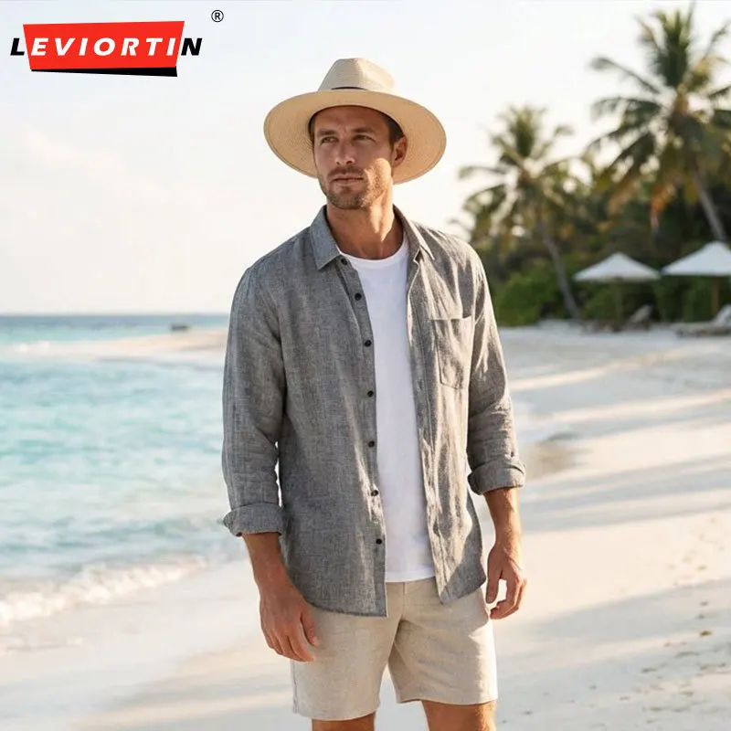 

Мужская льняная рубашка с длинным рукавом, пляжная, для весенне-летнего отдыха, повседневная, свободного кроя, с квадратным воротником, с нагрудным карманом