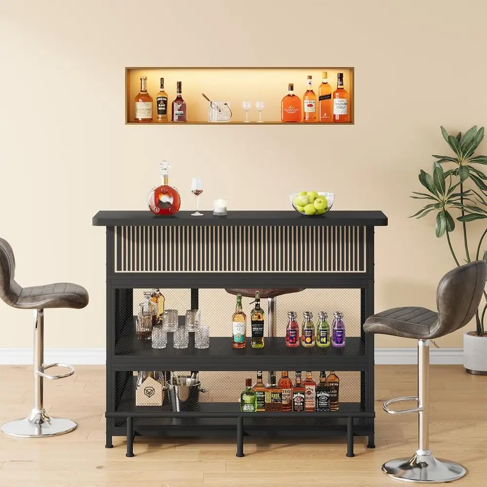 Black L-Shaped Home Bar with Wine Glass Holder, LED Light, Storage Shelves, and Footrest for Kitchen & Dining, Pub Use