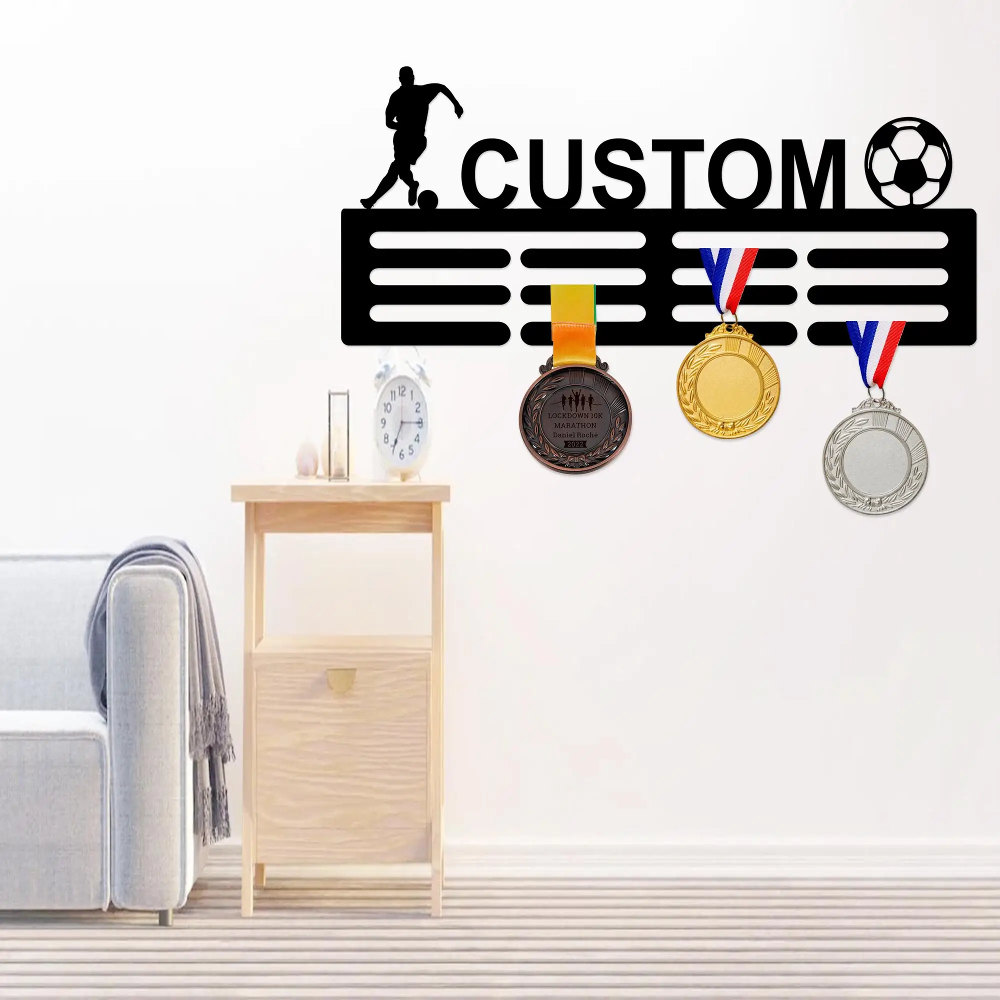 CIFbuy Custom Football Soccer Medal Hanger, Personalized Name, 12 Rungs for Medals & Ribbons, Sports Award Display
