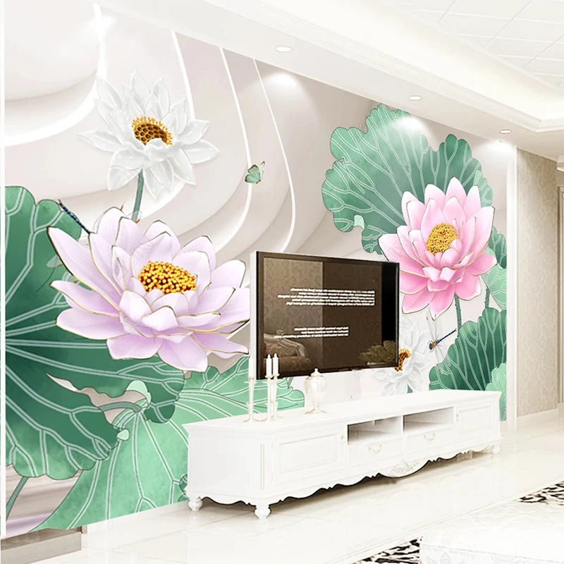 

Custom Wallpaper 3D Relief Lotus Background Wall Mural Living Room TV Bedroom Sofa Home Decor Papel De Parede 3D Flores Sticker