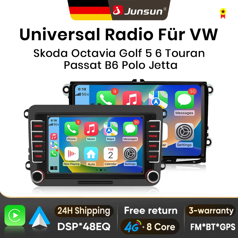 Autoradio Android Junsun 7" 9" pour VW Volkswagen Skoda Octavia Golf 5 6 Touran Passat B6 Polo Jetta sans fil pour Apple CarPlay, écran IPS, lecteur multimédia vidéo, systèmes intelligents automobiles, autoradio 2 Din, Bluetooth, GPS, RDS