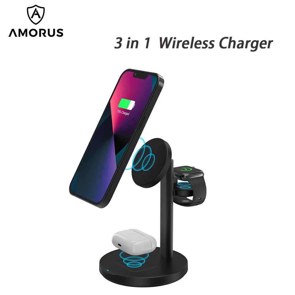 AMORUS 3-in-1 15W Fast Magnetic Charging Stand Compatible with MagSafe Wireless Charger for Cell Phone Aluminum Alloy