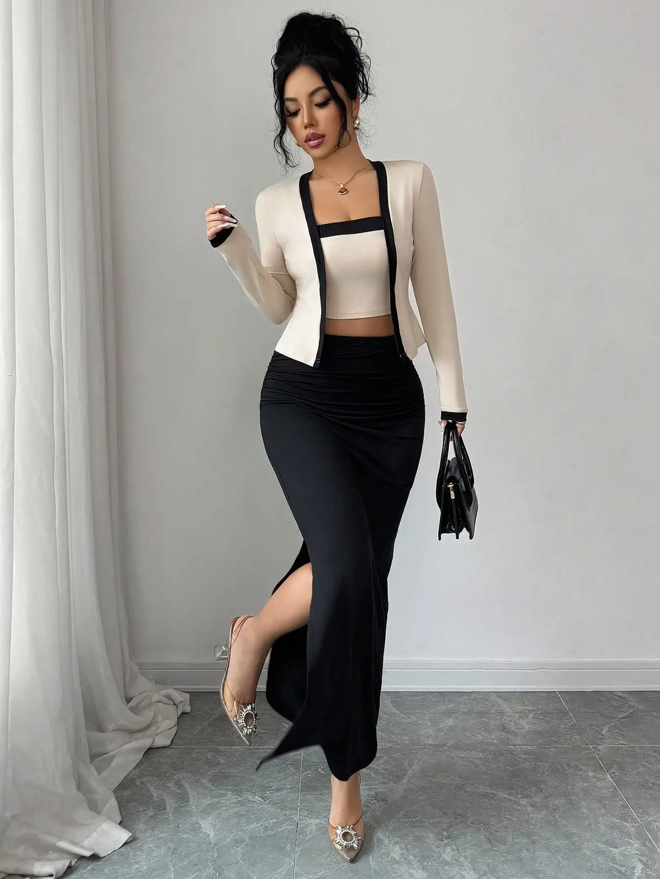 

Elegant Contrast Color Cardigan Top And High Slit Midi Skirt 2 Piece Set For Party Casual Wear