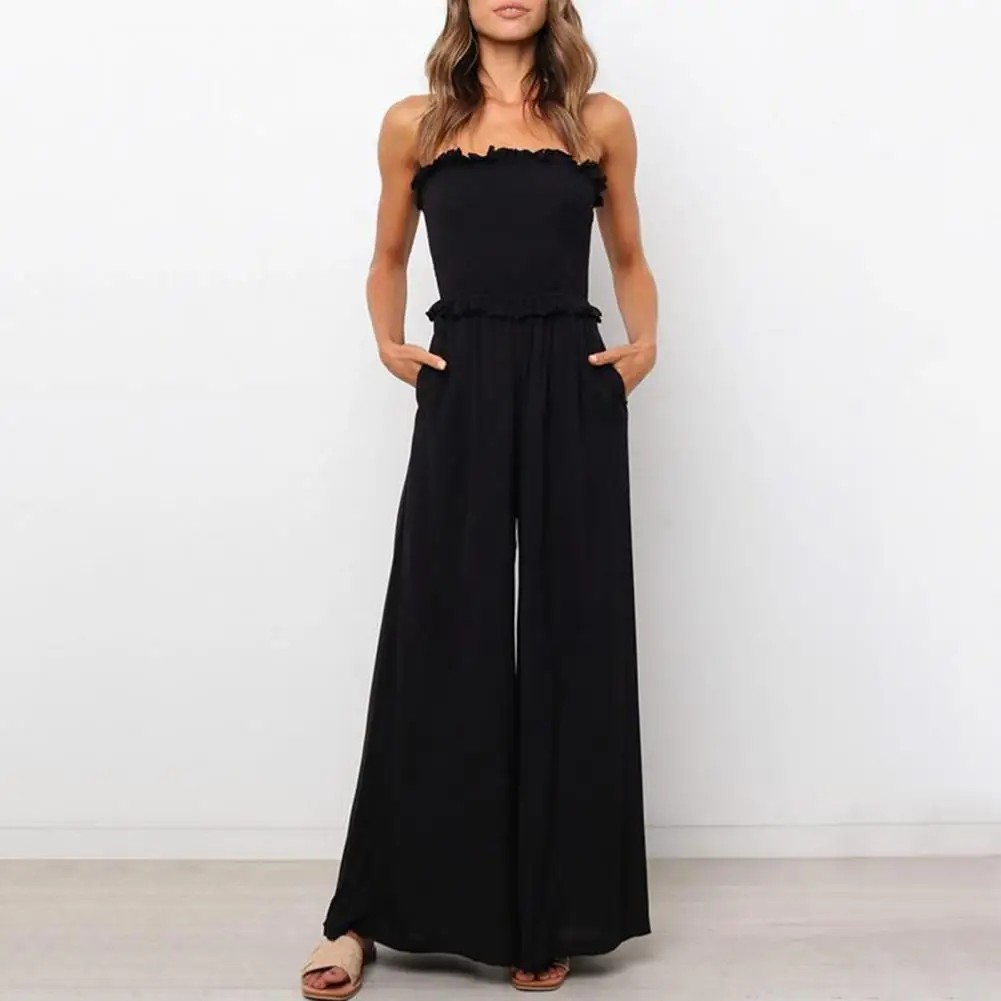 Women Party Jumpsuit Off Shoulder Shirring Backless Sleeveless Dating Elastic Bust Wide Leg Summer Jumpsuit Women Clothes