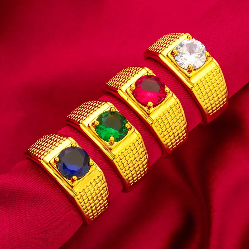 

Men's 24K Gold (AU999) Open Green-Red-Blue Ring | Two-tone matte-gilt, chiseled geometry with tri-gem inlay