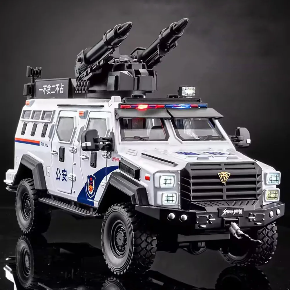 

1/24 Scale Sabertooth Police Car Toy Alloy Diecast Model Rubber Tires Armored Wheel Pull Back Explosion Proof Vehicle Boys Gifts