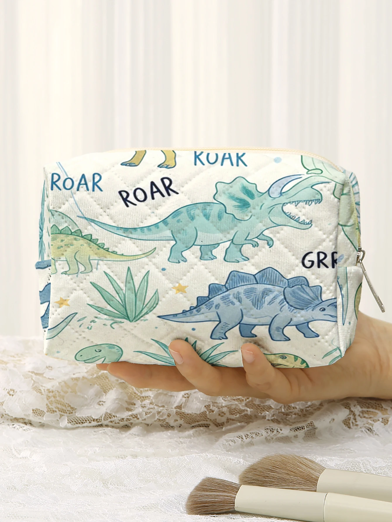 Cartoon Dinosaur Print Quilted Cosmetic Bag Portable Zipper Makeup Pouch Travel Wash Storage Bag For Kids Outdoor Daily Use