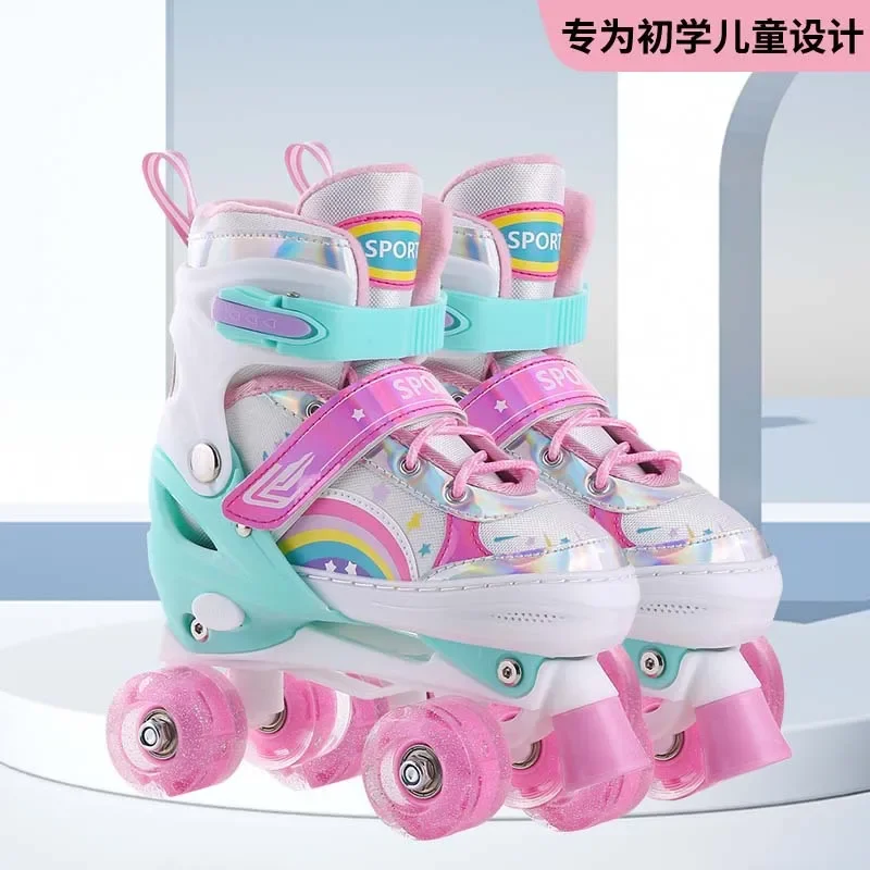 Boys Girls Kids Skates Children Roller Skates Skating Shoes PU Flashing 4 Wheels Roller Skates Sliding Adjustable Quad Sneakers