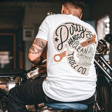Vintage T-Shirt Skull Wrench Mechanic Graphic 2026 New Unisex Tee Dirty Hands Slogan Back Print Gift for Him Oversized Biker Top