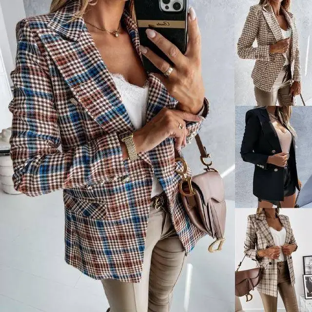 

Faionable Plaid Suit Jaet New Arrival Briti Sle Straight Cut Cotton 00% Women's ort Coat for Middle-Aged Women