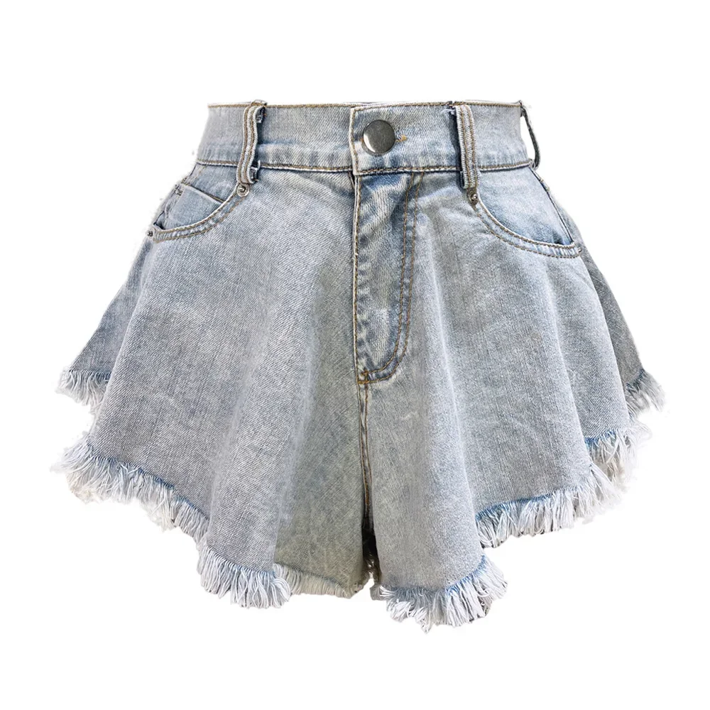 2025 New Women Denim Shorts with Holes and High Waist Loose Tassel Jeans S-XXL