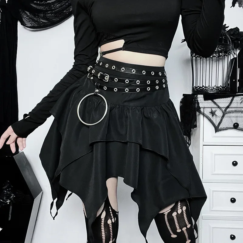 Gothic Punk Irregular Skirts New Sexy Women Solid Color Drawstring Tie-Up Ruched Ruffles Mini Skirt Summer Fashion Short Skirts