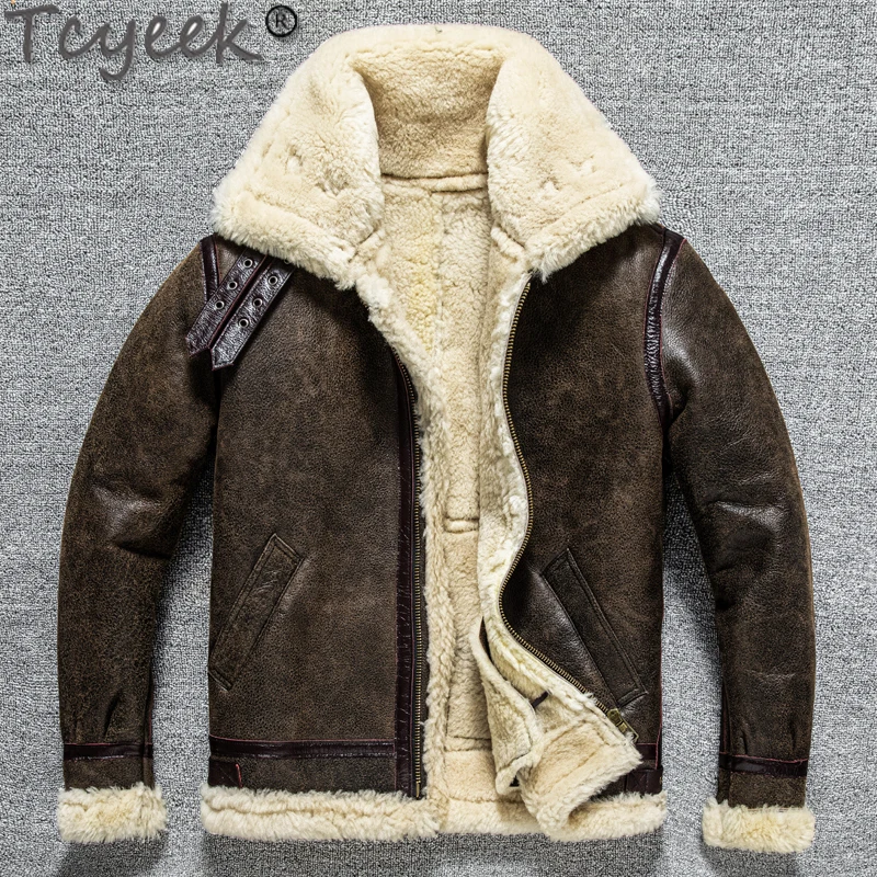 Tcyeek 100% Natural Male Fur Jacket Genuine Sheepskin Coat for Men High Quality B3 Warm Sheep Shearling Cloth Plus Size Peles