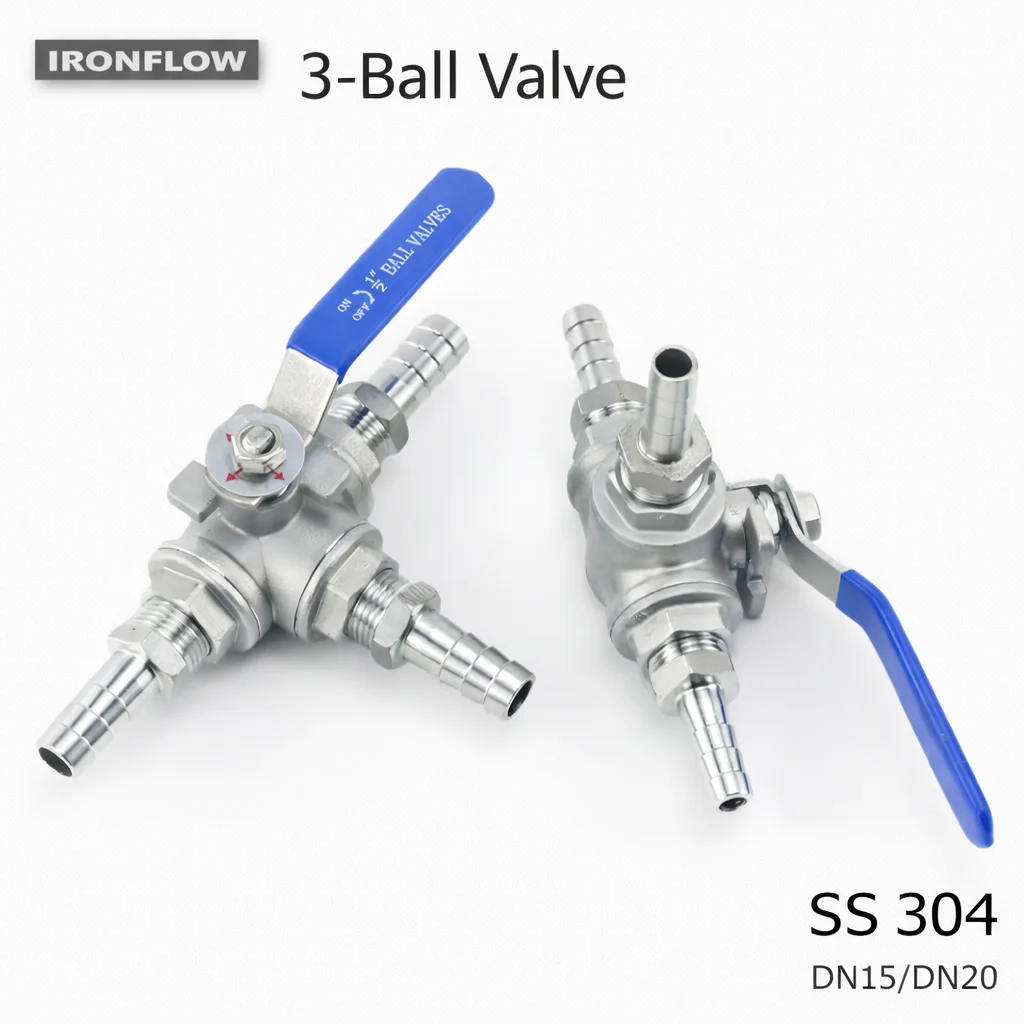 1/2'' 3/4'' Hose Barb Stainless Steel L T Port 3 Way Ball Valve Connector Adapter for Water Oil Gas 8 10 12 14 16 20mm