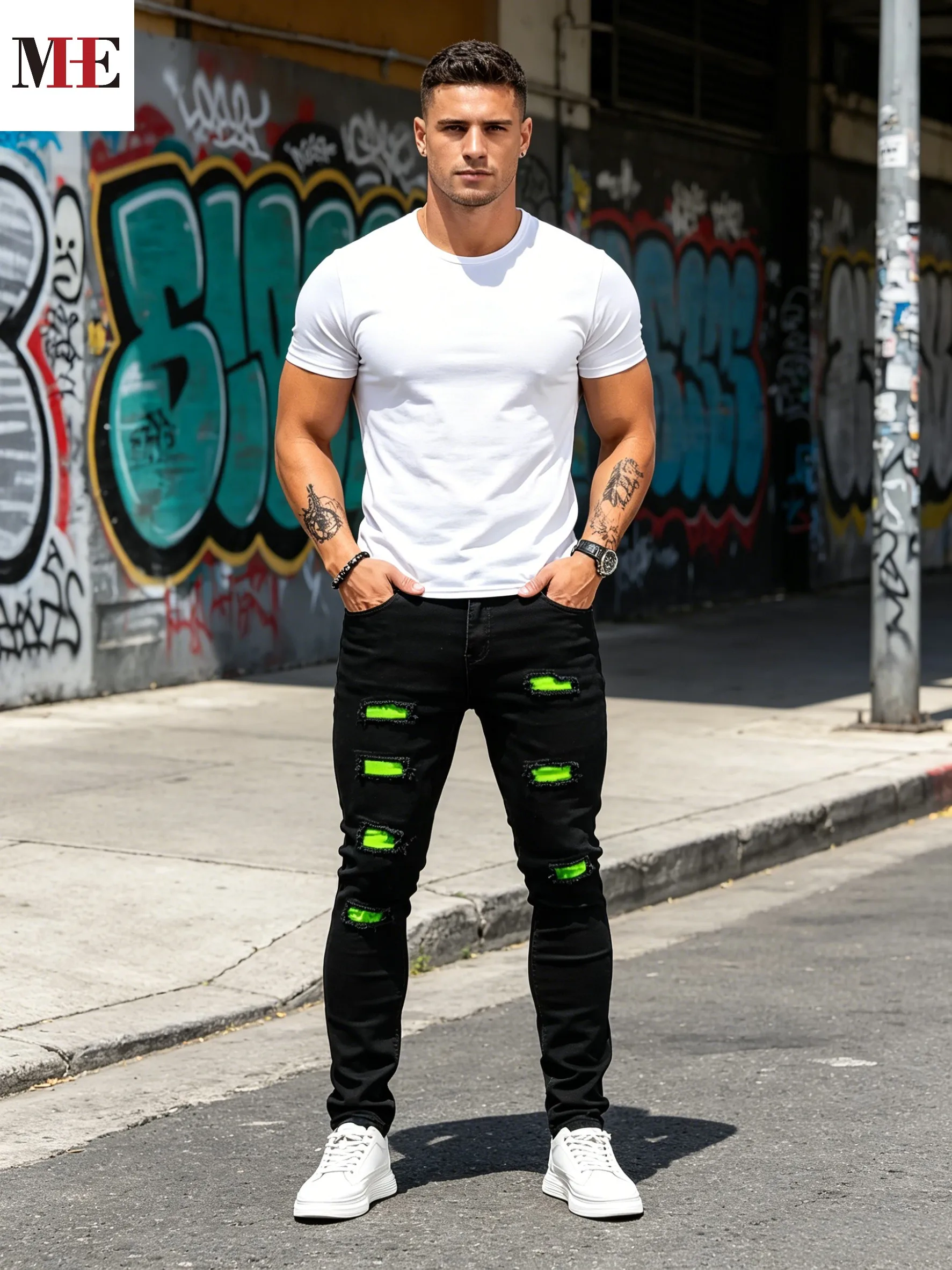 【HME】Men's jeans | Solid black slim skinny denim pants featuring multi frayed ripped cuts with striking fluorescent green inner patchwork, fade-resistant stretch premium denim fabric, exquisite raw-edge craftwork, eye-catching street-styled men's distinct view 6