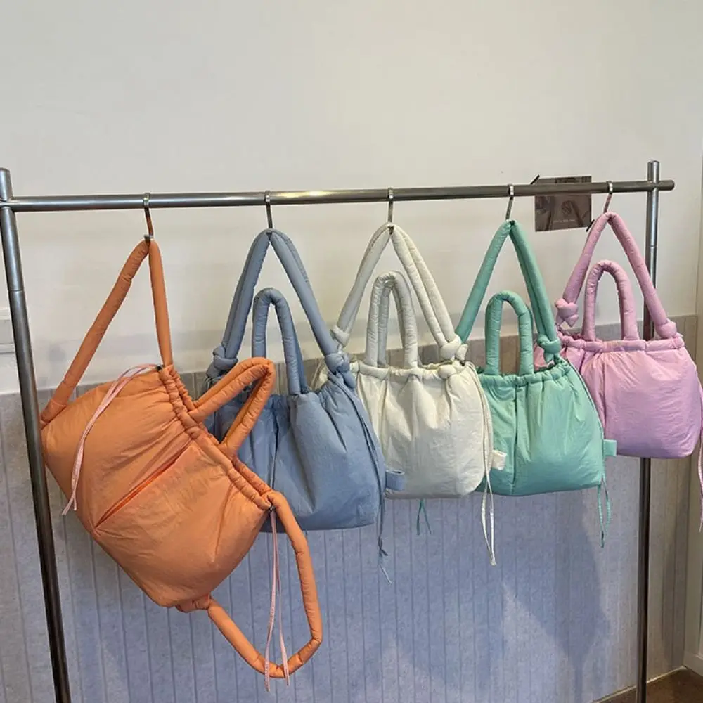 

Solid Color Drawstring Tote Bag Knotted Strap Quilted Nylon Padded Tote Bag Lightweight Large Capacity Puffer Backpack Ladies
