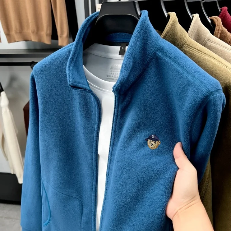 

High end brand embroidered men's stand collar jacket fashion pockets Korean style new plush thickened autumn winter warm coat