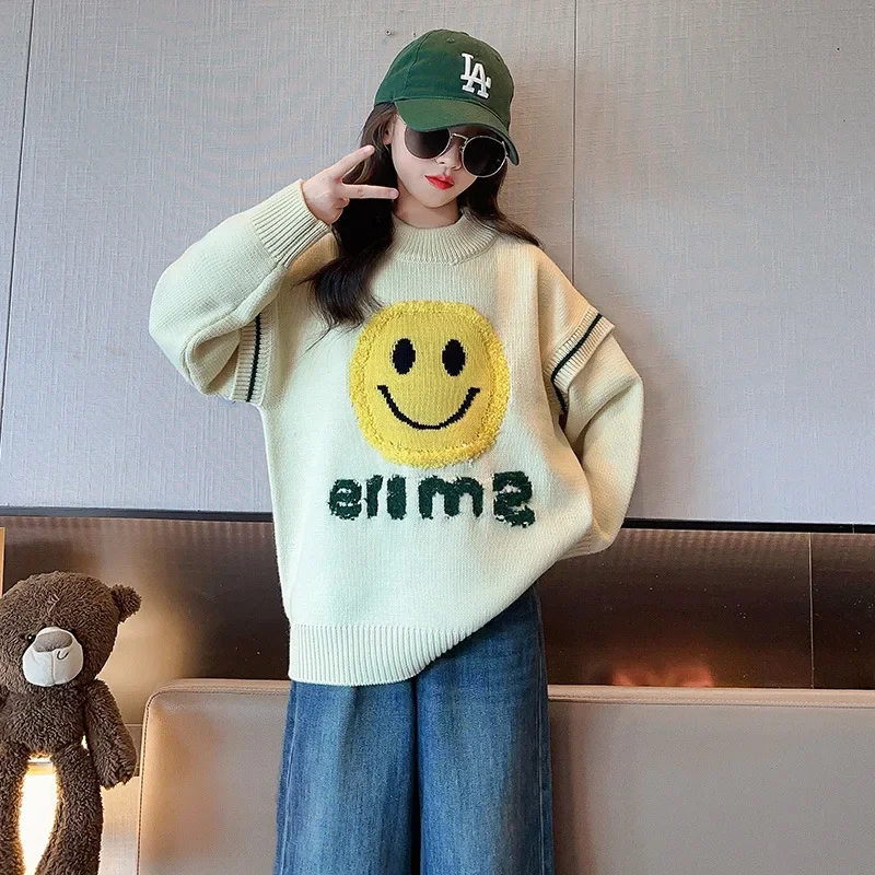 

Korean Autumn Winter Junior Girl Pullover Teenager Girl Smile Face Letter Knitted Tops School Girl Warm Sweater Kids Kintwears