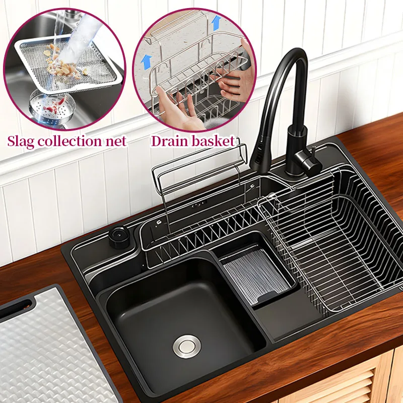 

78X48CM Multifunctional Thickened Kitchen Sink Pull-out tap Drain basket Basin in basin Slag collection net Large Single Slot