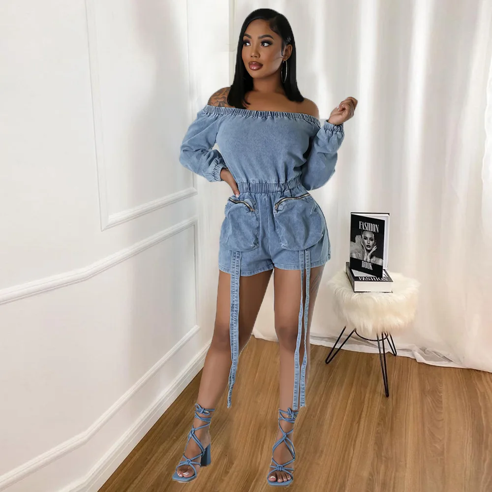 

Women Jumpsuits Sexy Off Shoulder Tight Waist Washed Denim Jumpsuit With Pocket Fashion Womens Long Sleeve Short Jeans Rompers