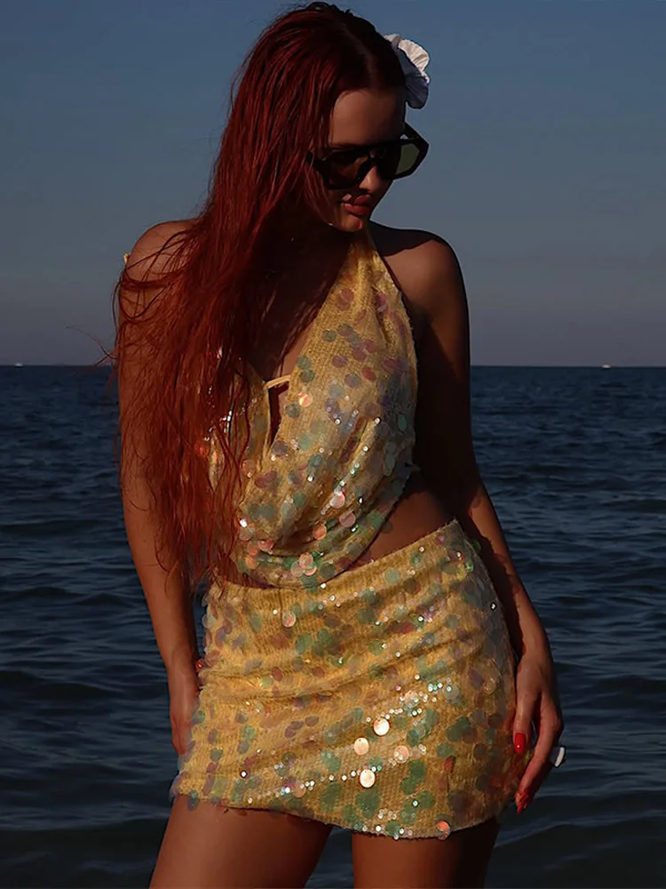 Sequin Women's Vest Skirt 2 Pieces Set Sexy Halter Sleeveless Crop Top High Waist Mini Skirts 2026 Party Nightclub Shiny Outfits