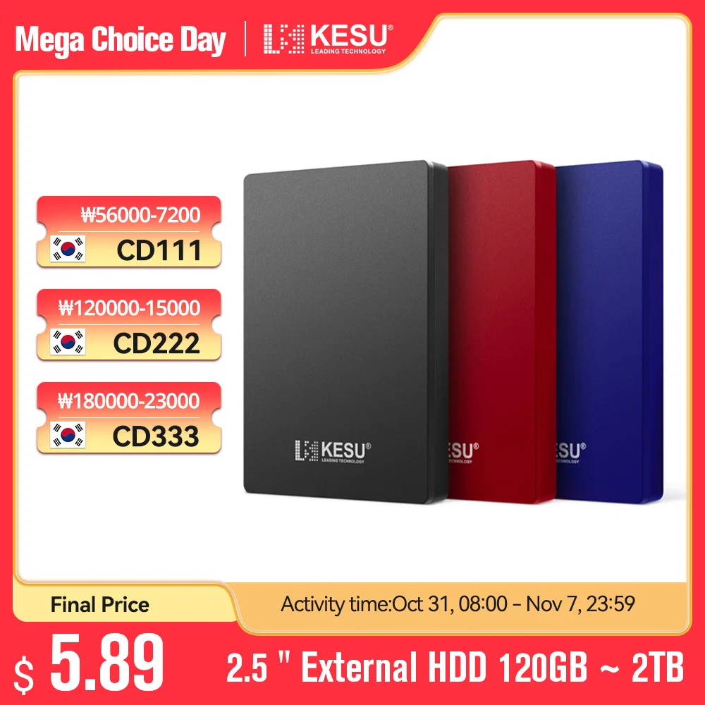 

KESU HDD 2.5" Portable External Hard Drive 320gb/500gb/750gb/1tb USB3.0 Storage Compatible for PC, Mac, Desktop,MacBook