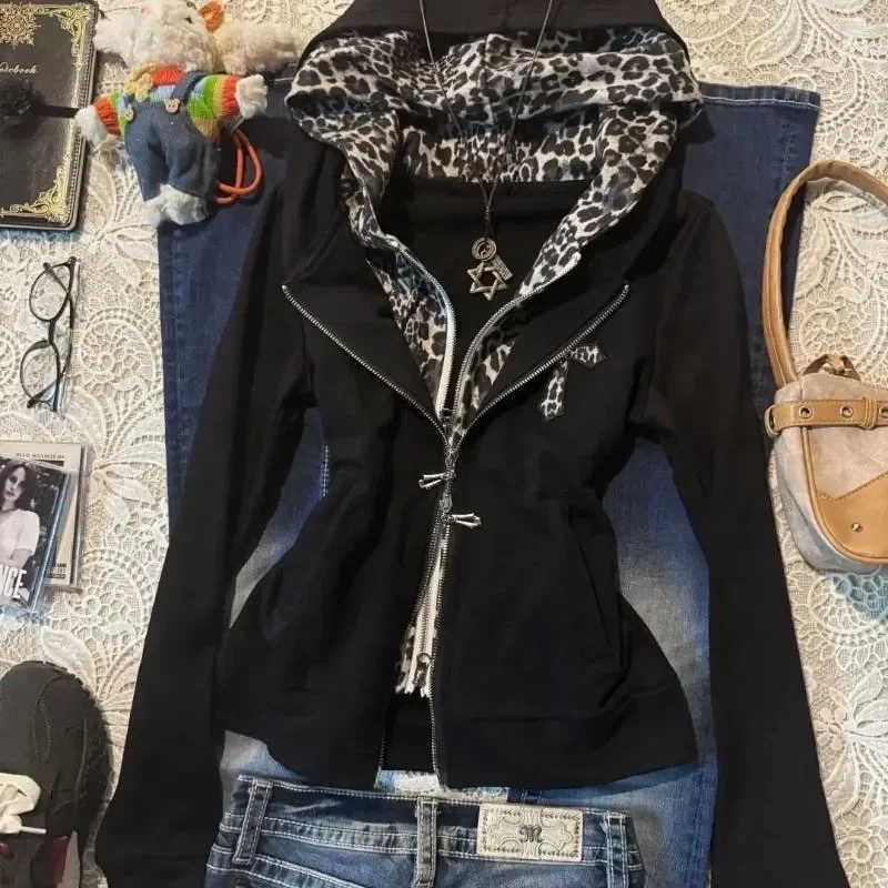 

Y2K Grunge Hiphop Streetwear Harajuku subculture Trendy spicy girl Hoodie Gothic Style fairycore Leopard vintage zipper Coat Top