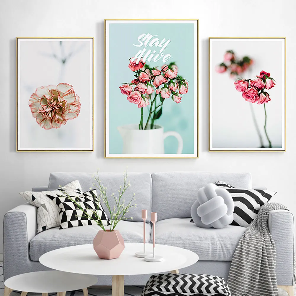 

Modern creative english small fresh pink plant flower canvas painting living room study decorative painting poster