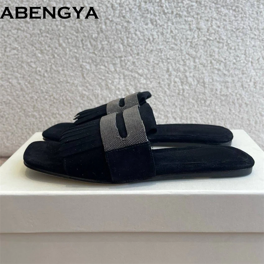 

Suede Leather Flat Slippers Women Fringe String Bead Decor Slides Holiday Beach Shoes Women Summer Square Toe Slippers Woman