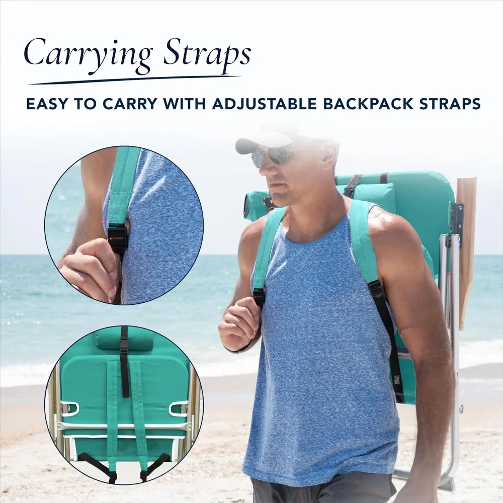 Silla de playa plegable portátil con posiciones ajustables, diseño de mochila, reposacabezas, portavasos y brazos de madera para acampar y O
