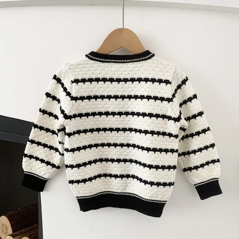 1-7Yrs Toddler Baby Girls Knitted Cardigan Clothes Autumn Solid O-Neck Stripe Cardigan Winter Thick Kids Knitwear Sweater Coat