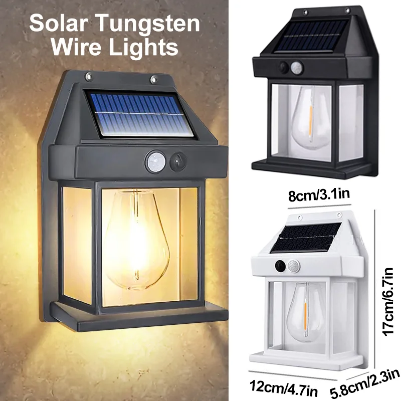 Solar Tungsten Wire Bulb Lâmpada de parede, LED Outdoor Solar Lights, Sensor de movimento, Decoração do jardim, impermeável, Yard Power