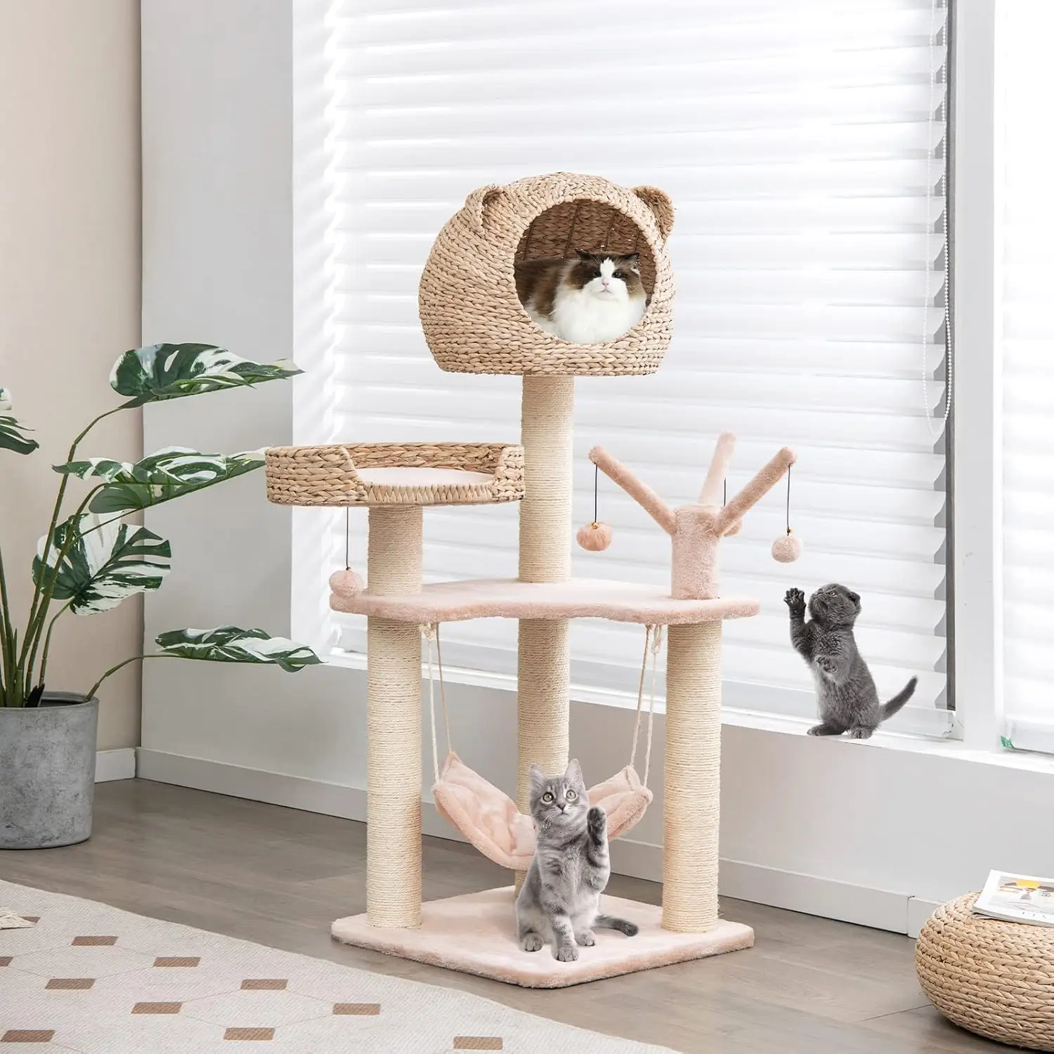 

Woven Cat Tree, Modern Cat Tower with Hammock & Scratching Posts, Cattail Condo & Top Perch, Cat Activity Tree for Indoo Cats