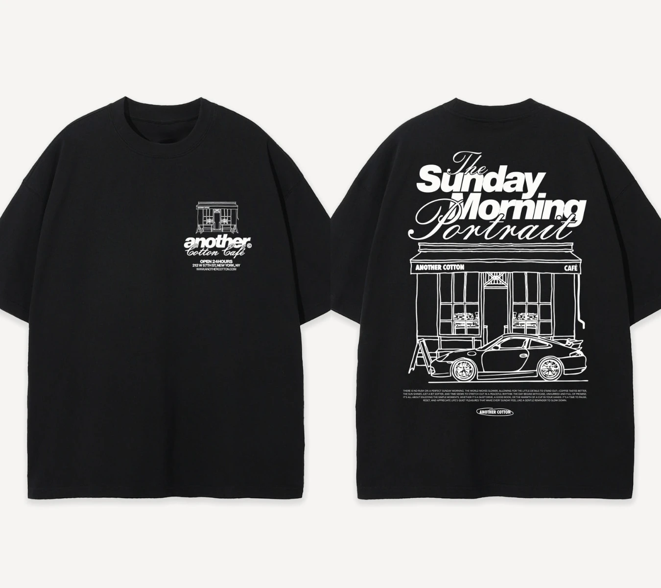 Sunday Morning Cafe Car Grafik-T-Shirt für Herren, 100 % Baumwolle, übergroßes Streetwear-Kurzarmshirt, Schwarz, 2026 neu